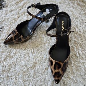 ALDO • Women's Leopard-Print Pointed Toe Ankle-Strap Heels - Brown/Black